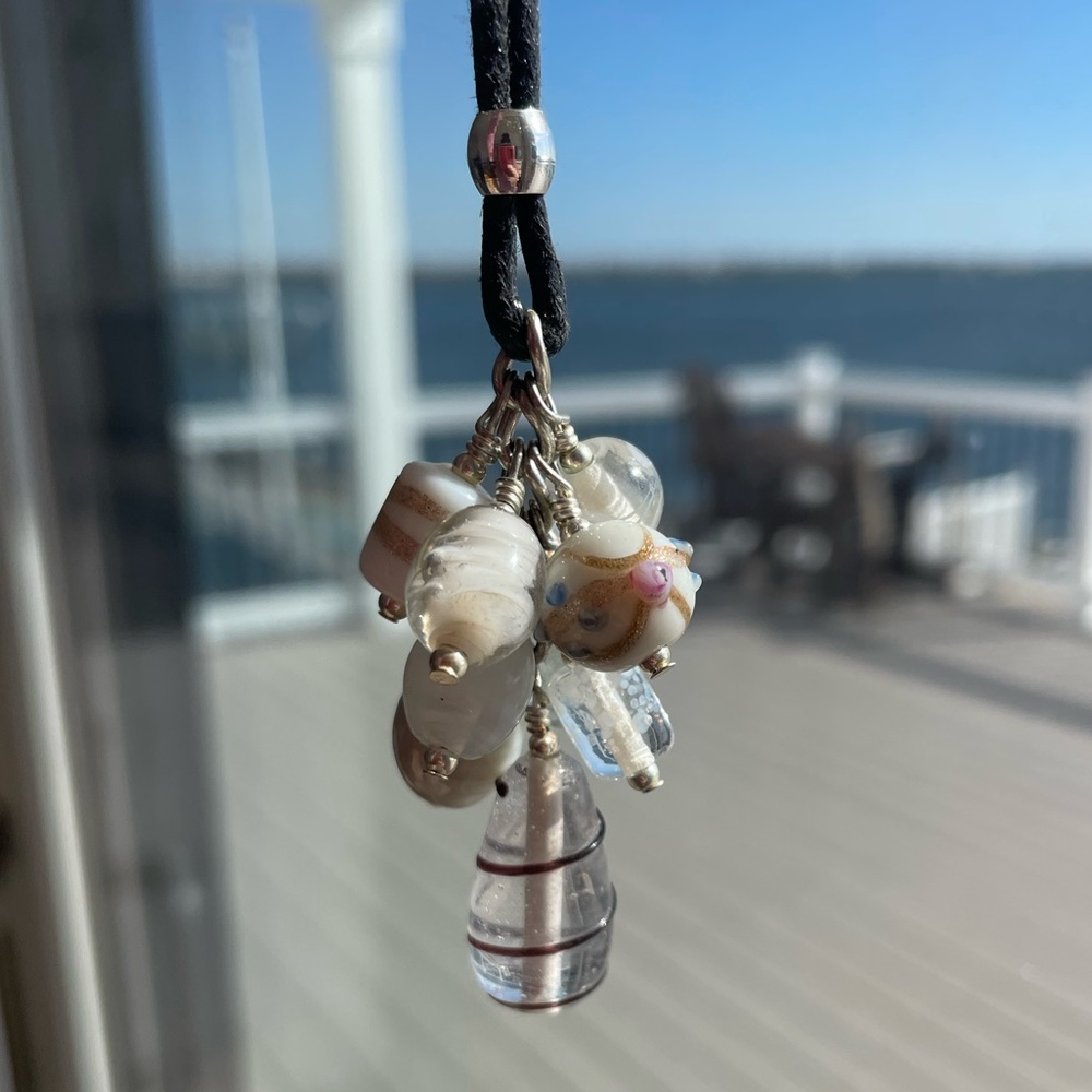 Handmade White & Clear Glass Beaded Grape Necklace Pendant on 18” Black Cord